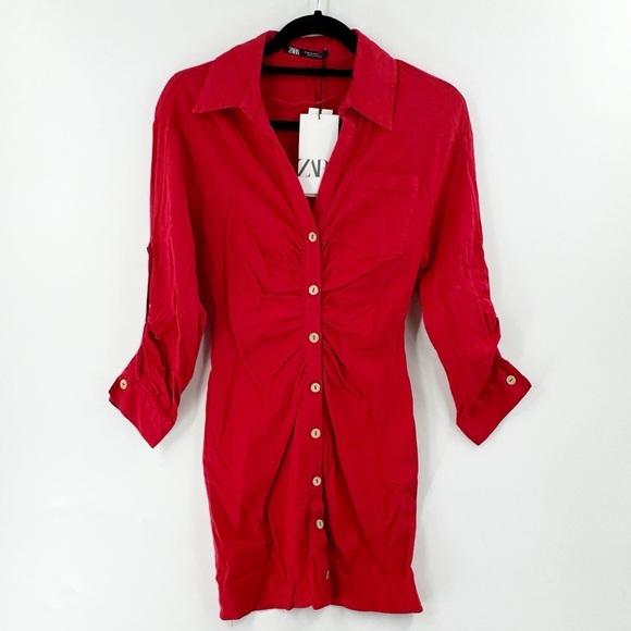 ✅ NWT Zara Red Linen Blend Dress W/ Front Ruching SIZE X-SMALL DATE NIGHT BRUNCH - Picture 2 of 7